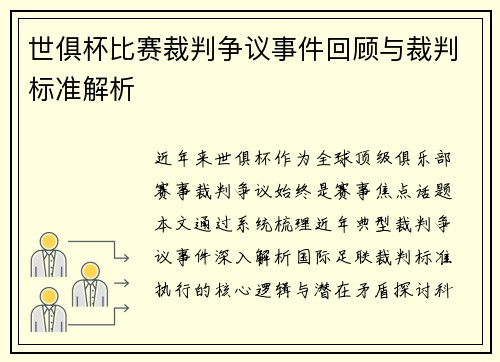 世俱杯比赛裁判争议事件回顾与裁判标准解析